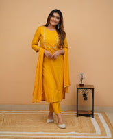 PRAGATI YELLOW  COLOURED  WOMEN'S RAYON SLUB  EMBROIDERED  KURTA WITH PANT DUPATTA SET